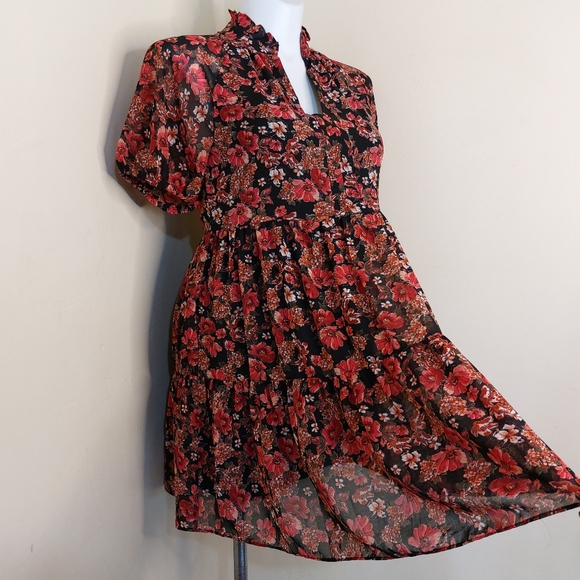 1. STATE Sheer Floral Fuchsia Pink & Black Ruffle Babydoll Spring Summer Dress - Picture 5 of 15